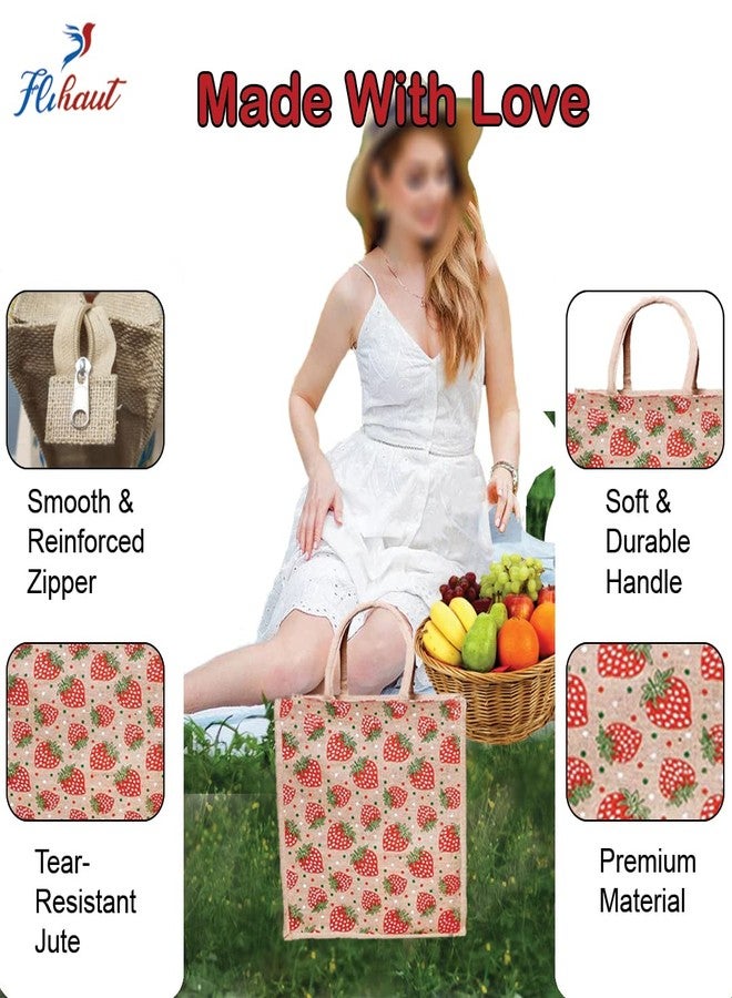 FLIHAUT® Eco-Friendly Reusable Pack of 2 Unisex Printed Multipurpose Grocery, Shopping, Daily use Lunch Tiffin, Zipper Strawberry Print Jute Bags - 14" L x 6" W x 17" H - Image 2